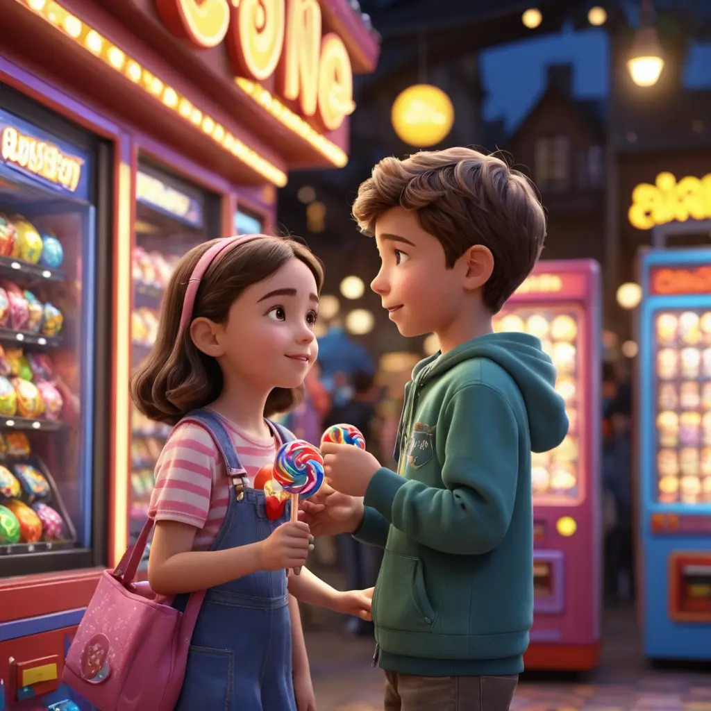 3D cartoon Disney character portrait rendear. image show 3d Pixar cartoon of Two 12-year-old european beautiful cute cartoon children (boy and girl) playing arcade games on prize machine . image captures the children and the prize machine they are playing on from the side. The children joyful . The background is white, The picture is sharp and clear, made from distance 10 meters, bokeh, 4k, highly detailed, Pixar render, CGI Animation, .A boy and gir in candy shop buying lollipop