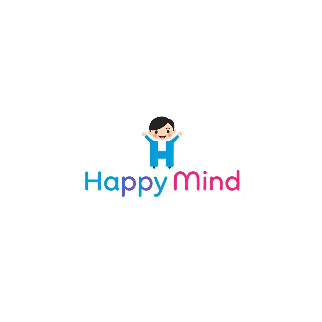 Generate a detailed  logo in 2d for a company named 'Happy Mind'  in the education field. The logo should prominently feature White background and child above the letter H and blue pink writing .
