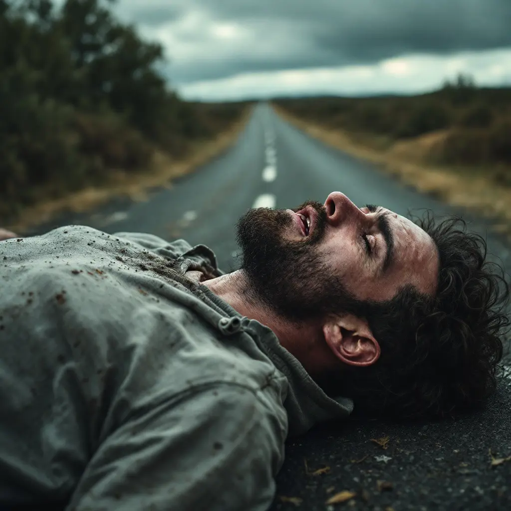 صورة شخص يبكي ومستلقي مستاء وامامه طريق طويل