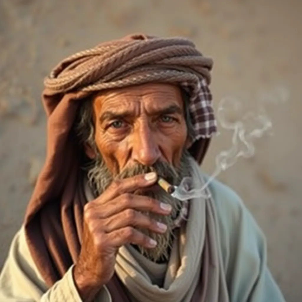 صورة شايب بدوي يشغل الدخان وهو بفمه