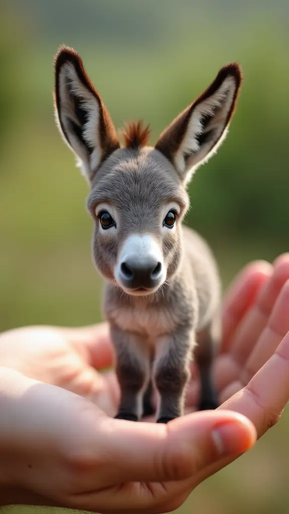 صورة رقمية عالية الدقة وواقعية للغاية لطفل الحمار،الحمار صغير وجذاب جداً يقف بداخل كف يد طفل صغير نظراً لحجمه الصغير. يتميز الحمار بفروه الرمادي الناعم مع خطوط بيضاء دقيقة على ظهره. عيون الحمار البنية الكبيرة تضفي عليه مظهراً لطيفاً، بينما أذناه الكبيرتان تضفيان لمسة مرحة. الخلفية عبارة عن مشهد ريفي بألوان الأخضر والبني