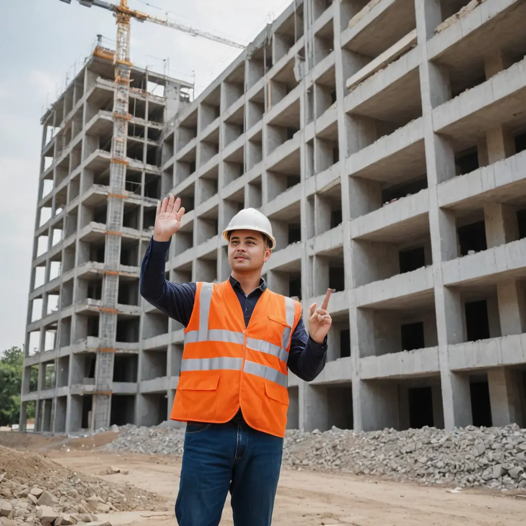 مهندس مدني يقف امام مبنى من اربع طوابق وقد تم انهاء اعمال بناء البلوك للمبنى والمهندس يرفع اشارة بيده للدلالة على جودة العمل
