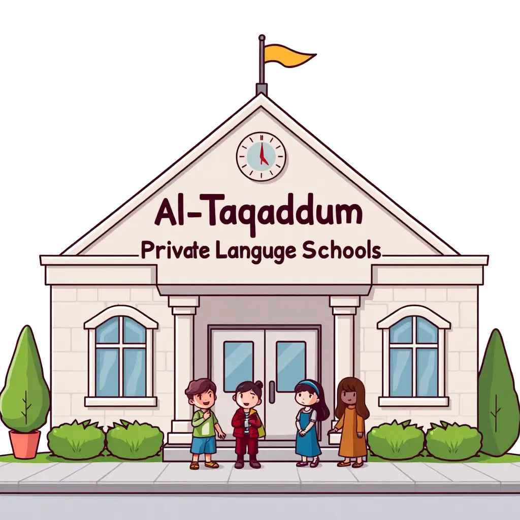 عايز صورة مدرسة شكلها حلو جدا ومكتوب عليها مدارس التقدم الخاصة للغات وامامها طلاب واقفين ده كله يكون اشكال كارتون