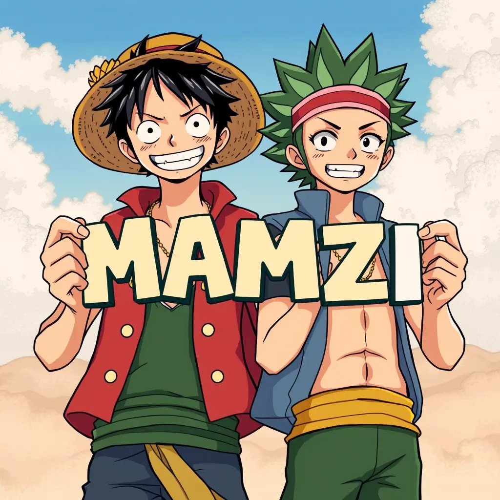 صوره لوفي و زورو من الانمي ون بيس يحملان في يدهم اسمها MAMZi