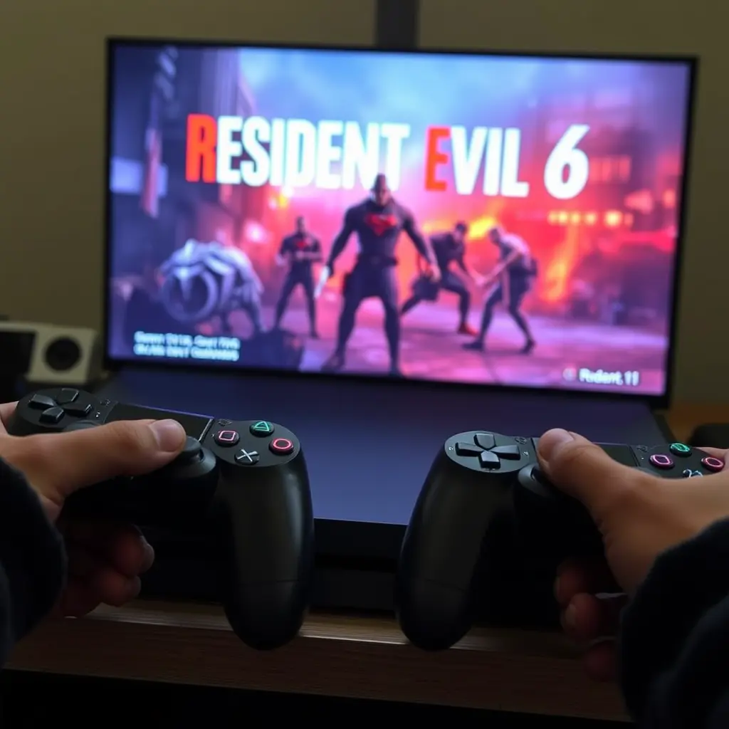 صورة ل ps4 مع جهازان تحكم مع لعبة رزدنت إيفل 6