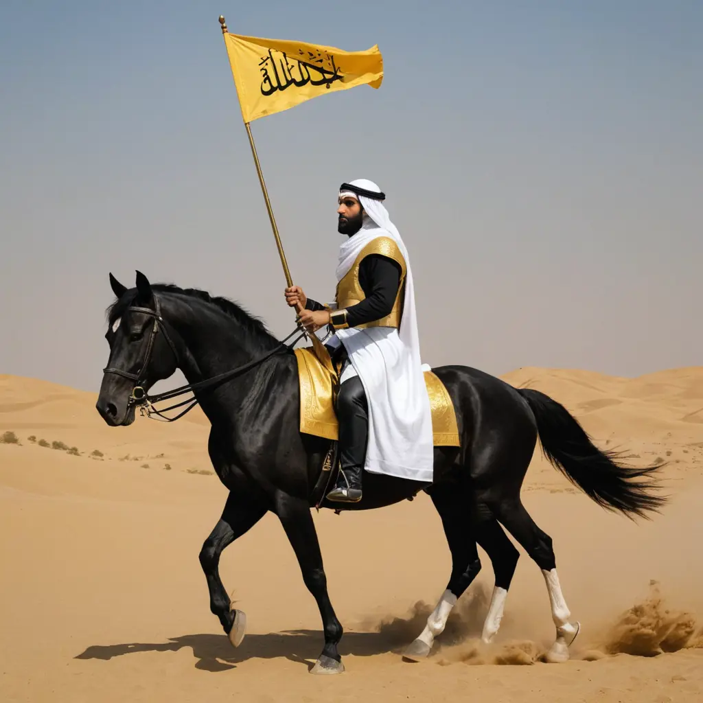 صوره لي فارس عربي يحمل سيف علي خصره ويركب علي حصان اسود ويحمل علم ابيض مكتوب عليه بالاصفر الذهبي لا إله إلا الله محمد رسول الله بالعربيه وبالتشكيل