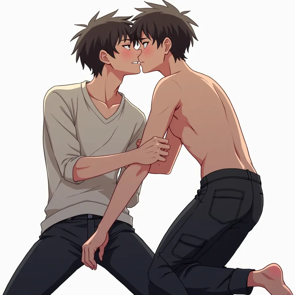 صوره انمي ل مراهق جالس وسيم جداً يقبل اسفل بطن مراهق وسيم آخر واقف يرتدي بنطال اسود اللون بجيوب كثيرة