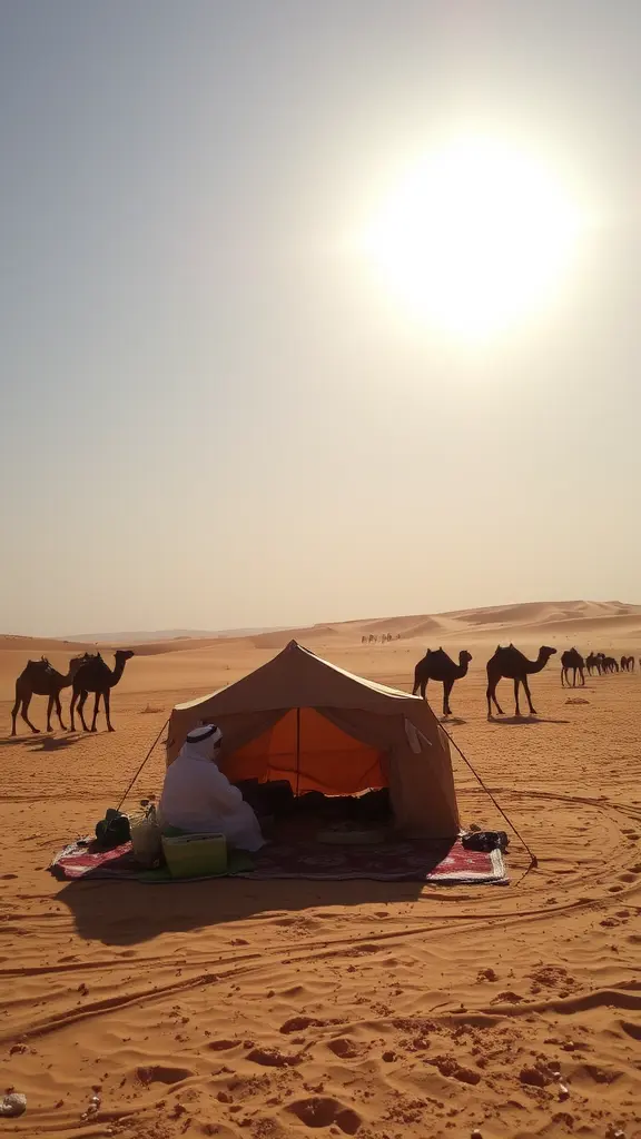 الحياة في الصحراء
- "مشهد بدوي يعيش في خيمة صغيرة في صحراء الربع الخالي تحت شمس حارقة، مع الإبل ترعى في الخلفية والرمال تمتد إلى الأفق."