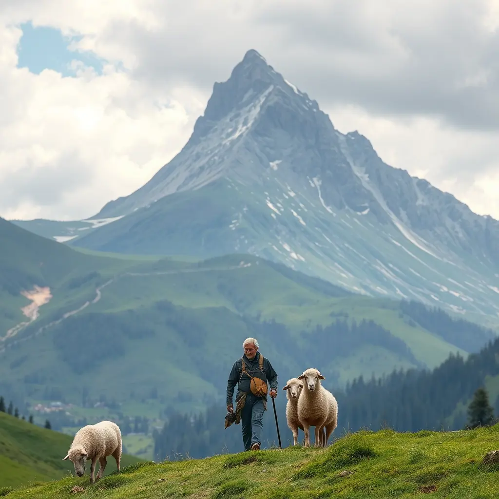 صوره رجل يرعي الغنم في الجبل وتحته ديان خضراء وجبل مرتفع حلو