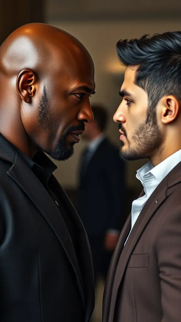 رجل افريقي اسود خمسيني اصلع املس الوجه بعضلات يتواجه مع شاب ابيض عشريني بلحية قصيرة و شعر اسود وسيم يرتدي ملابس انيقة و يقومان بالنظر في اعين بعضهم بغضب..