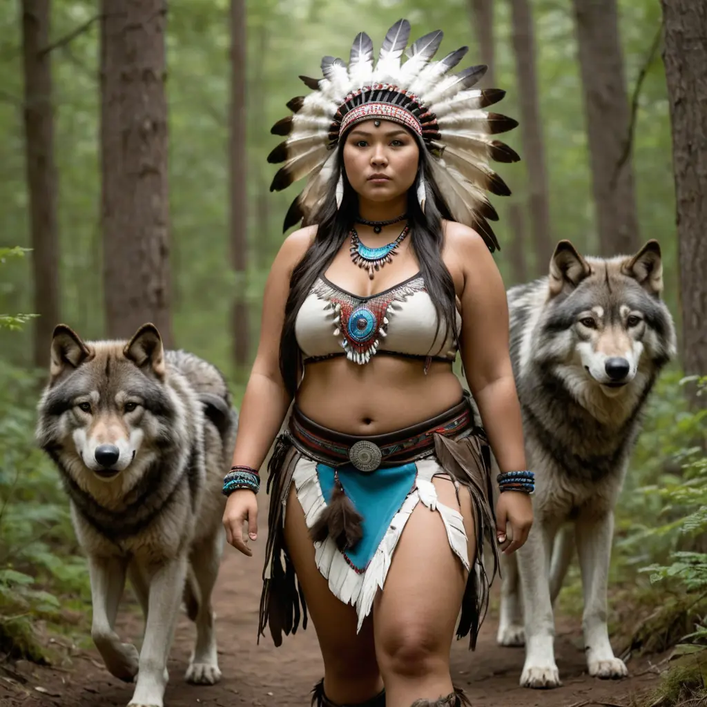  A realistic curvy nude chubby Native American girl wearing a headdress . she is walking through the woods with her pet wolves