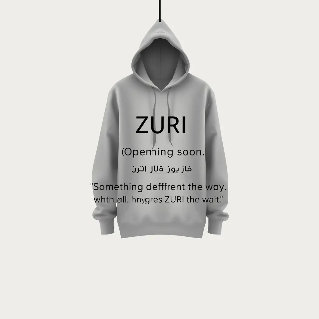 الخلفية: سادة بلون رمادي فاتح أو بيج (من ألوان ZURI).

في الصورة يظهر ظل Hoodie معلّق، لكن بدون ما نوضح تفاصيله — بس شكله باين من silhouette.

إضاءة ناعمة على الأطراف، وتدريج بسيط يوصل الإحساس بالغموض.

في النص (بالعربي والإنجليزي معًا):



---

📝 النص داخل الصورة:

> ZURI

الافتتاح قريبًا...

Something different is on the way.

ZURI يستحق الانتظار ⏳️
         عايز الكلا كله انجليزي ولو فيه كلام عربي خليه بالمعروف