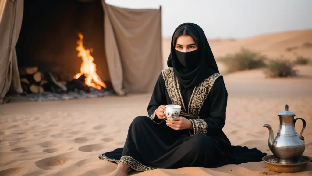 بنت جميله ترتدي الزي العربي القديم لون اسود وهي ملثمه جالسة مع اخوها في الصحراء امام نار مع قهوه وشاي ، صورة طبيعية