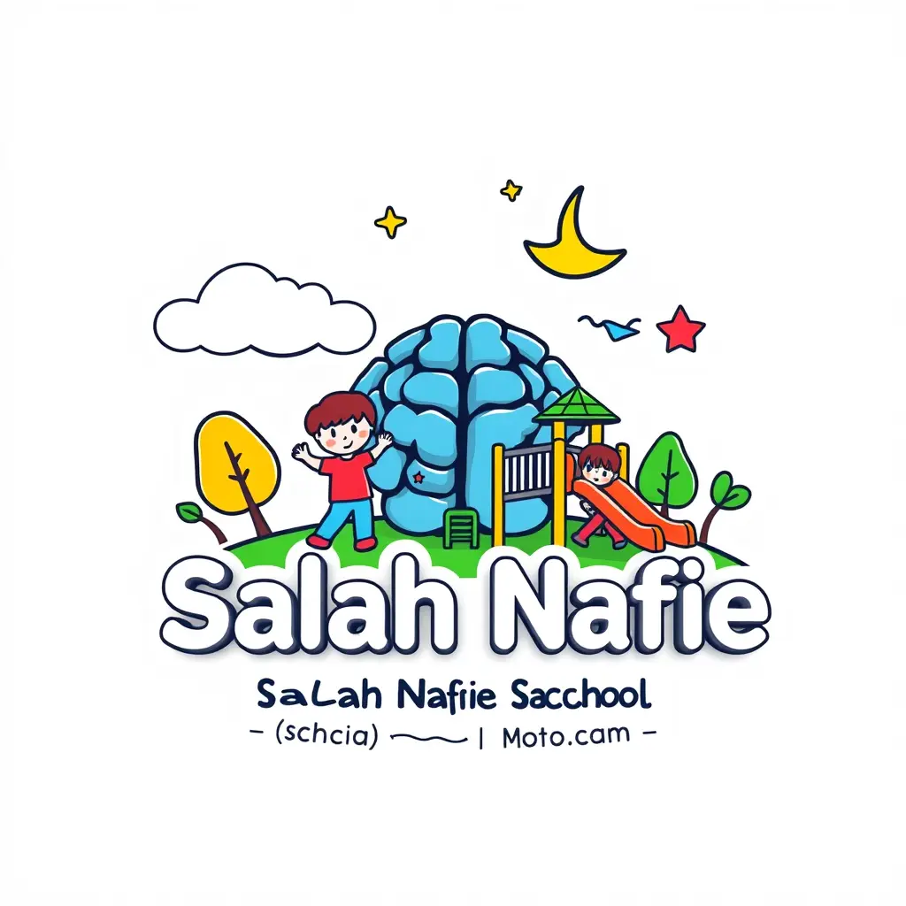Generate a detailed line art style logo in 3d for a company named 'Salah Nafie School for Intellectual Education in Motobas' in the education field. The logo should prominently feature Children and brain and playgrounds which uses vibrant colors palette.