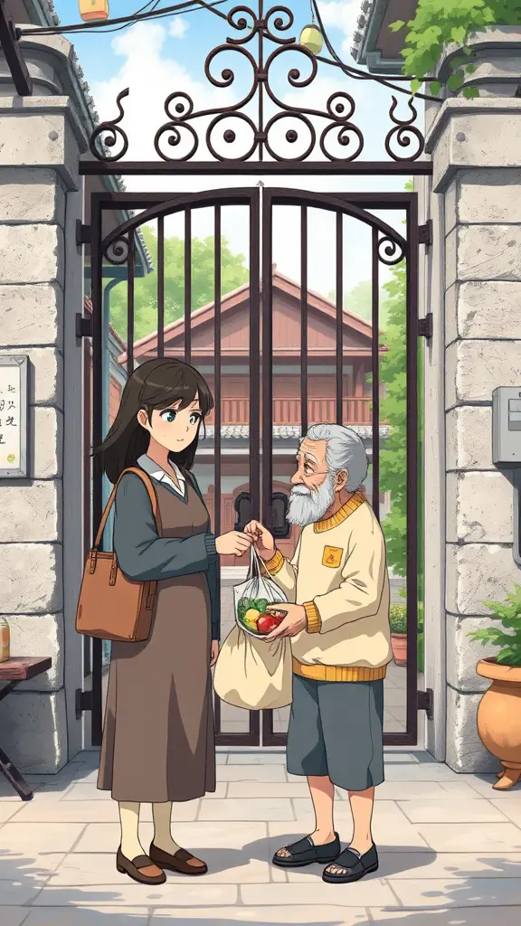 صوره انمى الام وابنته عمر 10 سنوات تقفان مع رجل عجوز أمام بوابة شارع حديدية يعطونه كيس طعام

