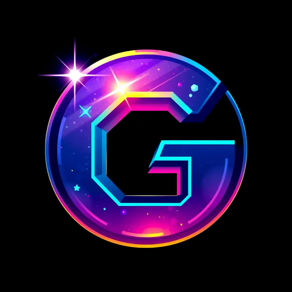 شعار جميل لشركة ألعاب، حرف G مع تأثيرات مجرة، بأسلوب فني حيوي يشبه ألعاب البكسل