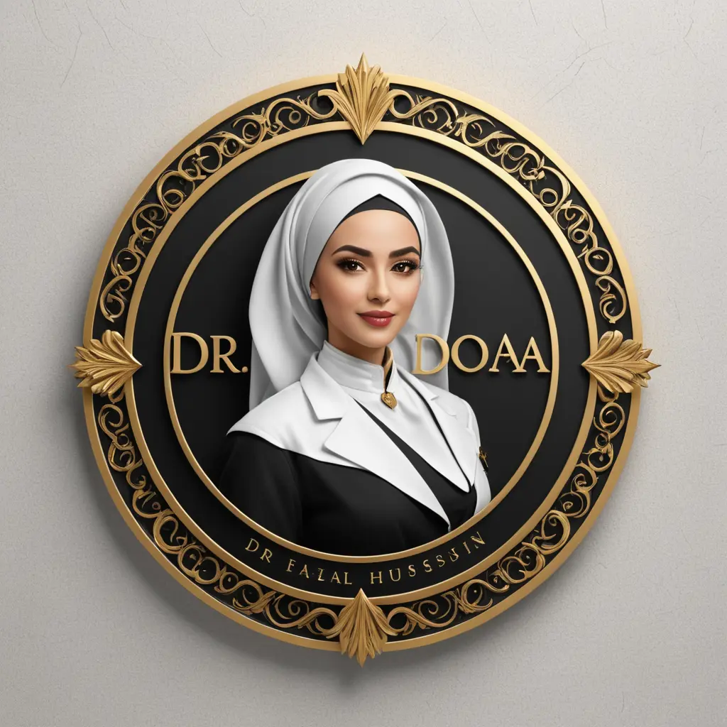 شعار فاخر يضم كلمة الدكتورة دعاء حسين ولون ابيض واسود ولمسات ذهبية تصميم احترافي 3D