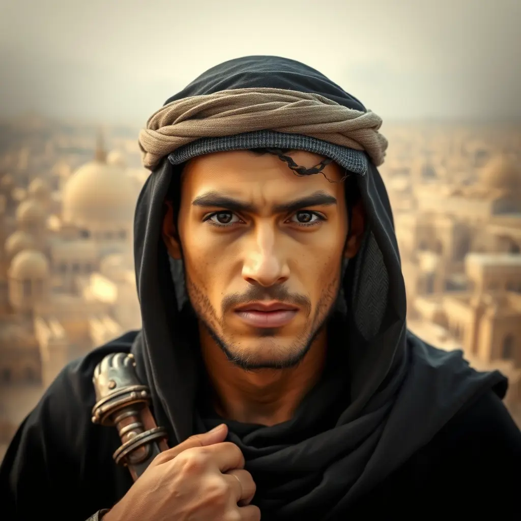 شاب عربي في أواخر العشرينات، ببشرة قمحية، عينين سوداوتين حادتين، ولحية خفيفة.يرتدي عباءة عباسية داكنة ، مع خنجر على خصره وسوار نحاسي على يده. مظهره بطولي وغامض، يوحي بالقوة والعزيمة، وخلفه مدينة عربية قديمة.