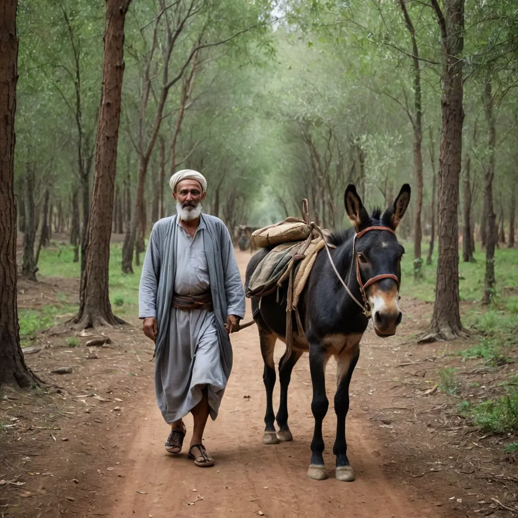 رجل عجوز مغربي ملتحي وسط غابة يقود حمار