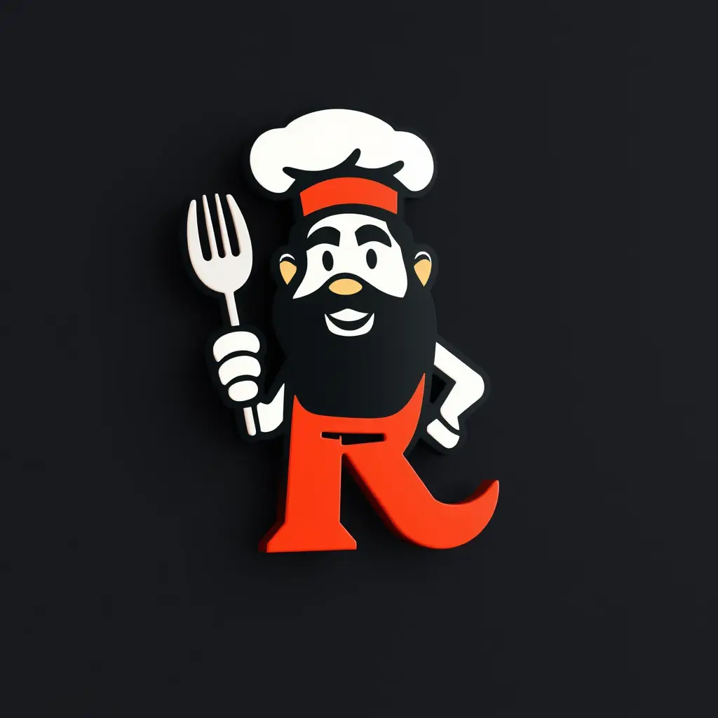 Generate a minimalistic mascot style logo in 3d for a company named 'Koshari capital' in the restaurant field. The logo should prominently feature Good cook and letter R which uses warm colors palette.