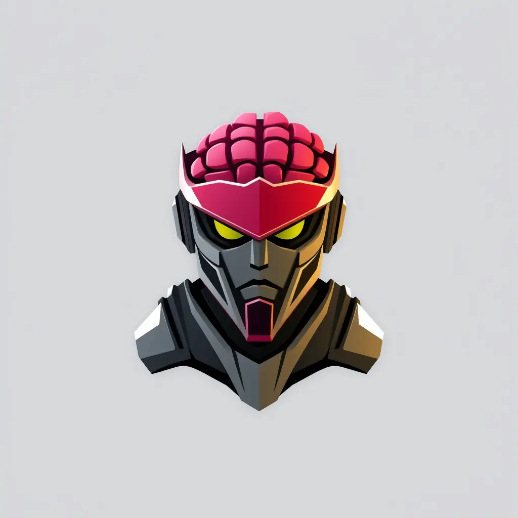 Generate a minimalistic mascot style logo in 3d for a company in the technology field. The logo should prominently feature Half plastic armor and half mind .