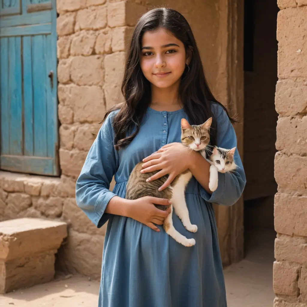 بنت عمرها 15 سنه ملامحها مصريه حامل وفى يدها قطه 