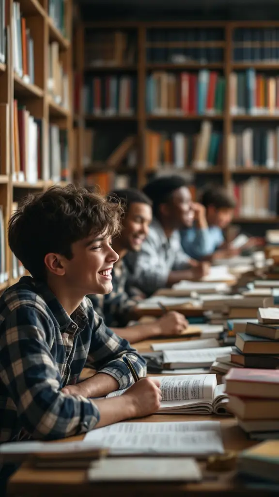 صور كتب ومكتبه وطلاب يدرسون ويضحكون ومستمتعون بالقراءه والكتابه في سبيل العلم وفي سبيل المعرفه هؤلاء الطلاب كلهم ذكور وكلهم اطفال صغار صغار جدا