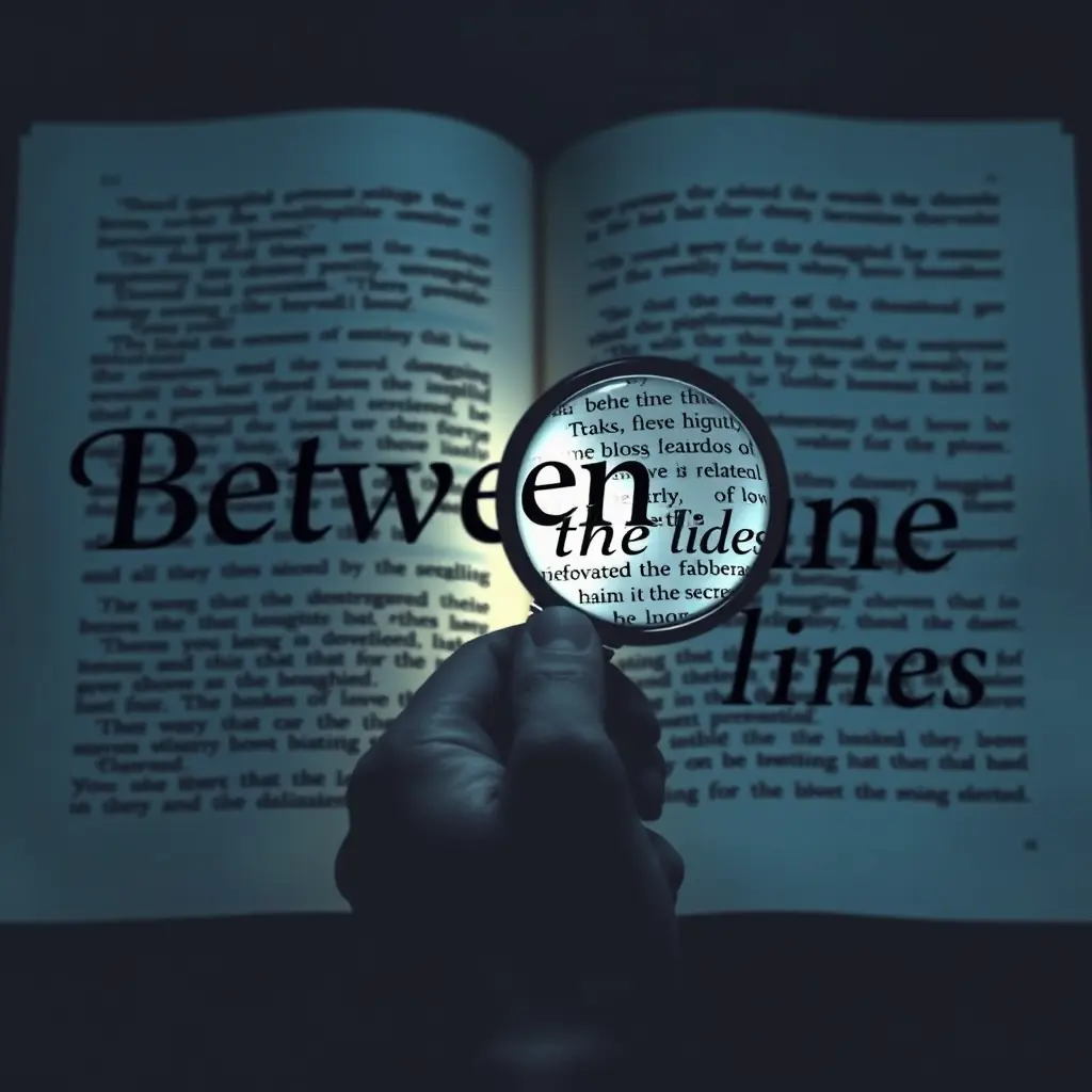 الخلفية: صفحة كتاب مفتوحة، بس الحروف متطايرة وكأنها بتختفي أو بتتشكل من جديد، كأن في سر مستخبي جوه الكلام.
العنوان: "بين السطور" مكتوبة بخط أنيق وعصري، كأنها محفورة بالحبر الأسود، وفيه تأثير ضوئي خفيف حواليها كأنها مضيئة وسط الظلام.
العنصر البصري الرئيسي: يد ماسكة عدسة مكبرة بتركز على جزء معين من الكتاب، والجزء ده فيه كلمات مش واضحة أو مرمزة وش غامض في الخلفية باين بشكل خفيف وسط الكلمات، يوحي إن فيه حد بيراقب أو بيحلل الأمور "بين السطور".
الألوان: درجات الأزرق الداكن والأسود مع لمسات ذهبية أو بيضاء لإضافة لمسة درامية.