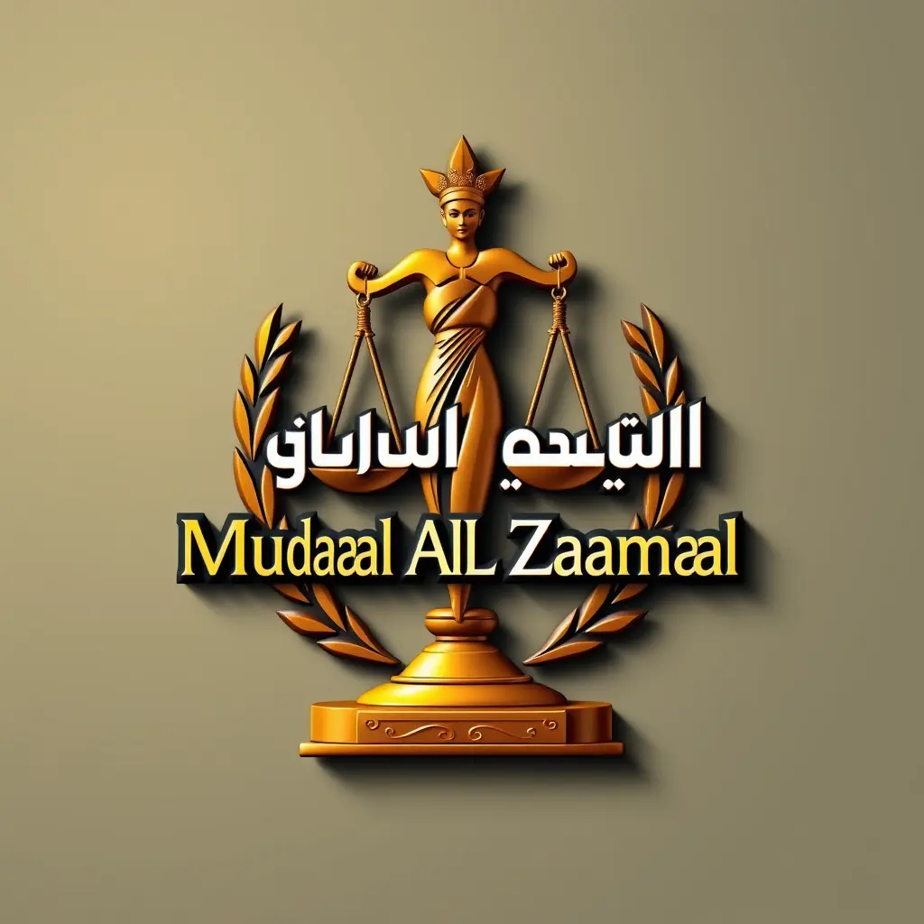 Generate a detailed  logo in 3d for a company named 'Muhammad Al-Zamal'  in the legal field. The logo should prominently feature Balance of Justice and Muhammad and Al-Zamal which uses warm colors palette.