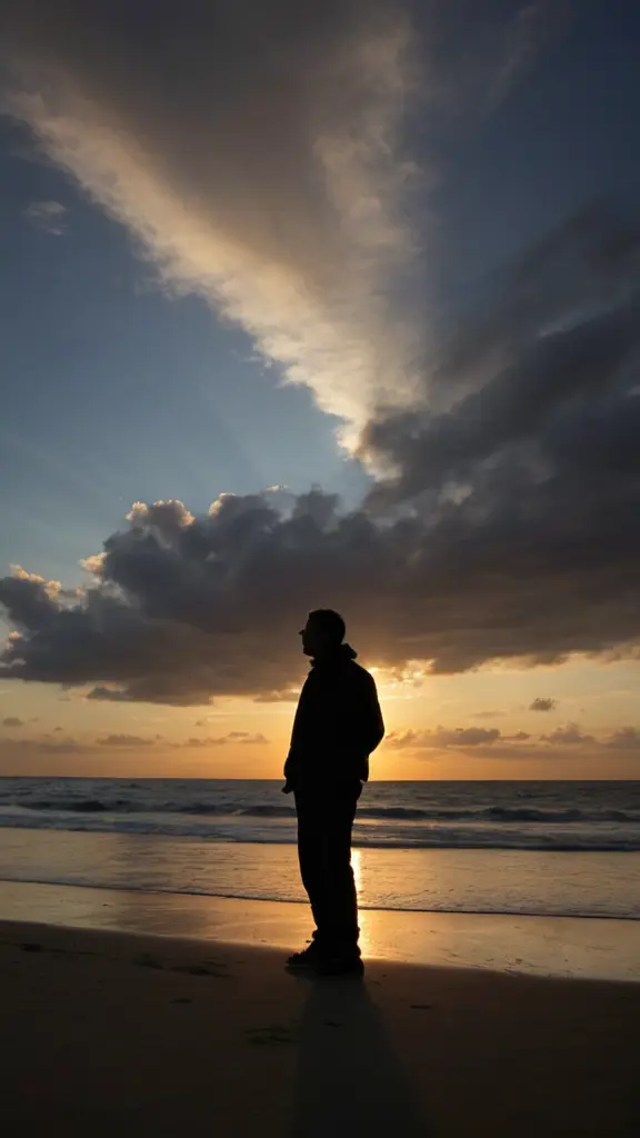 صورة ظلية لرجل عند غروب الشمس، سماء مثيرة، عدسة واسعة الزاوية،إعداد الشاطئ
