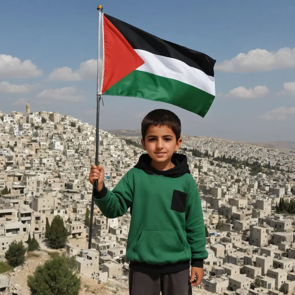صورة أنمي لطفل فلسطيني يحمل العلم الفلسطيني