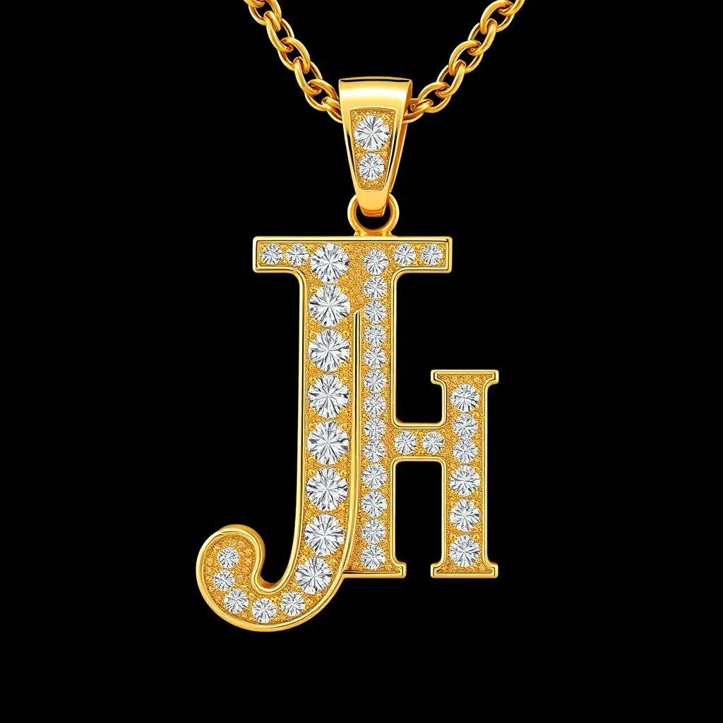 دمج حرف J مع حرف H في تصميم دلايه سلسه ذهب مرصعه بفصوص الماس