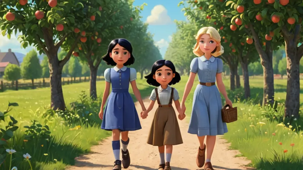 duas meninas sendo uma menor de cabelos pretos e uma loira maior de 12 anos andando de mãos dadas em um campo com macieiras e pássaros no estilo dos desenhos da pixar