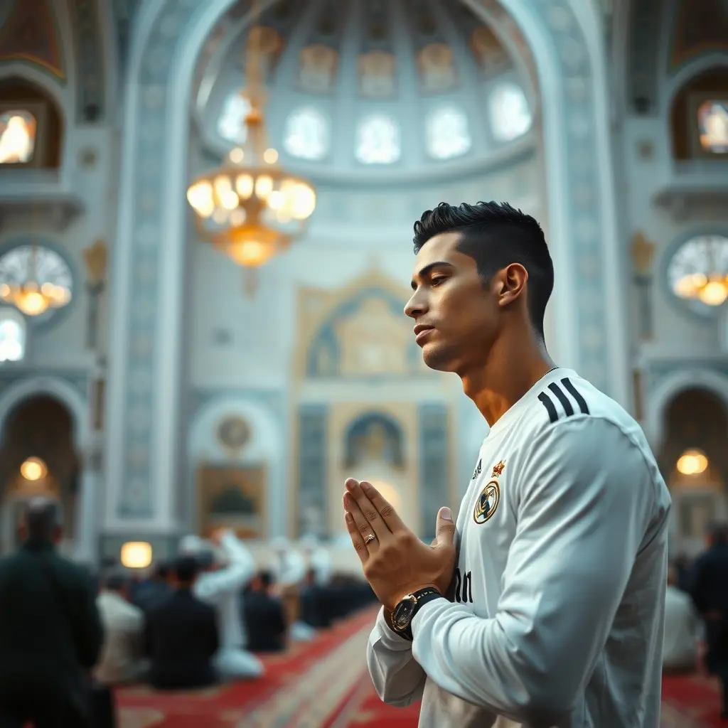 صوره للاعب كرستاينو رونالدو وهو يصلي في المسجد