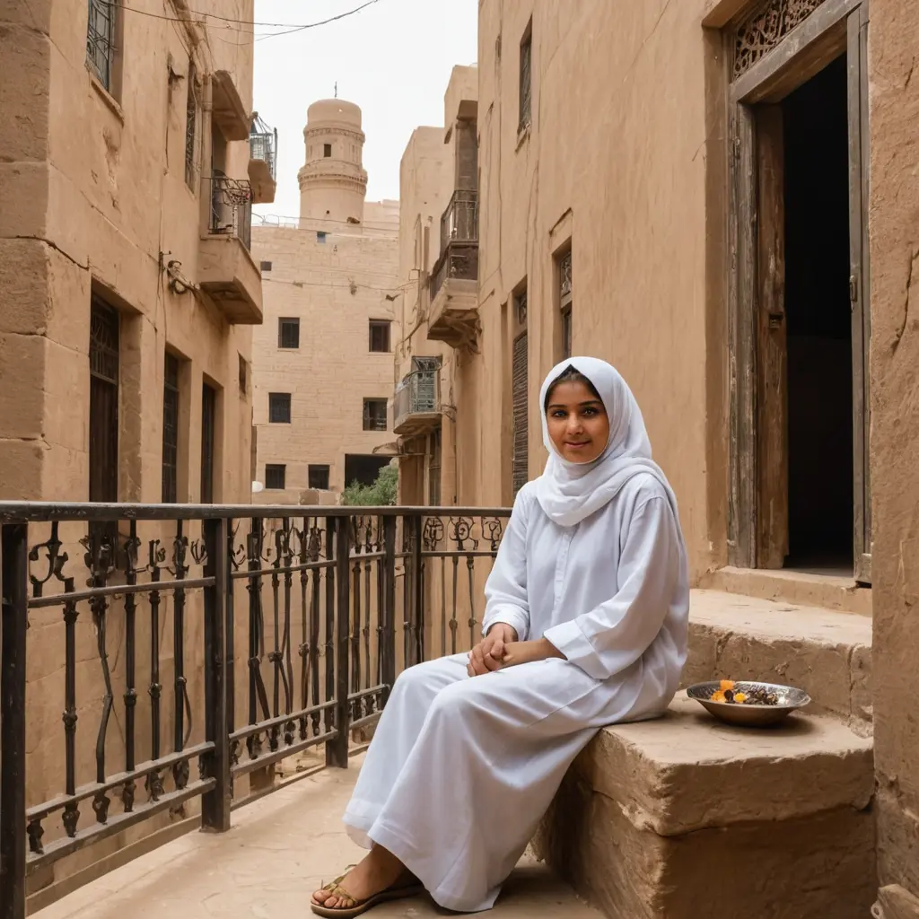 فتاة عربية تجلس على شرفة منزل في حارات مصر