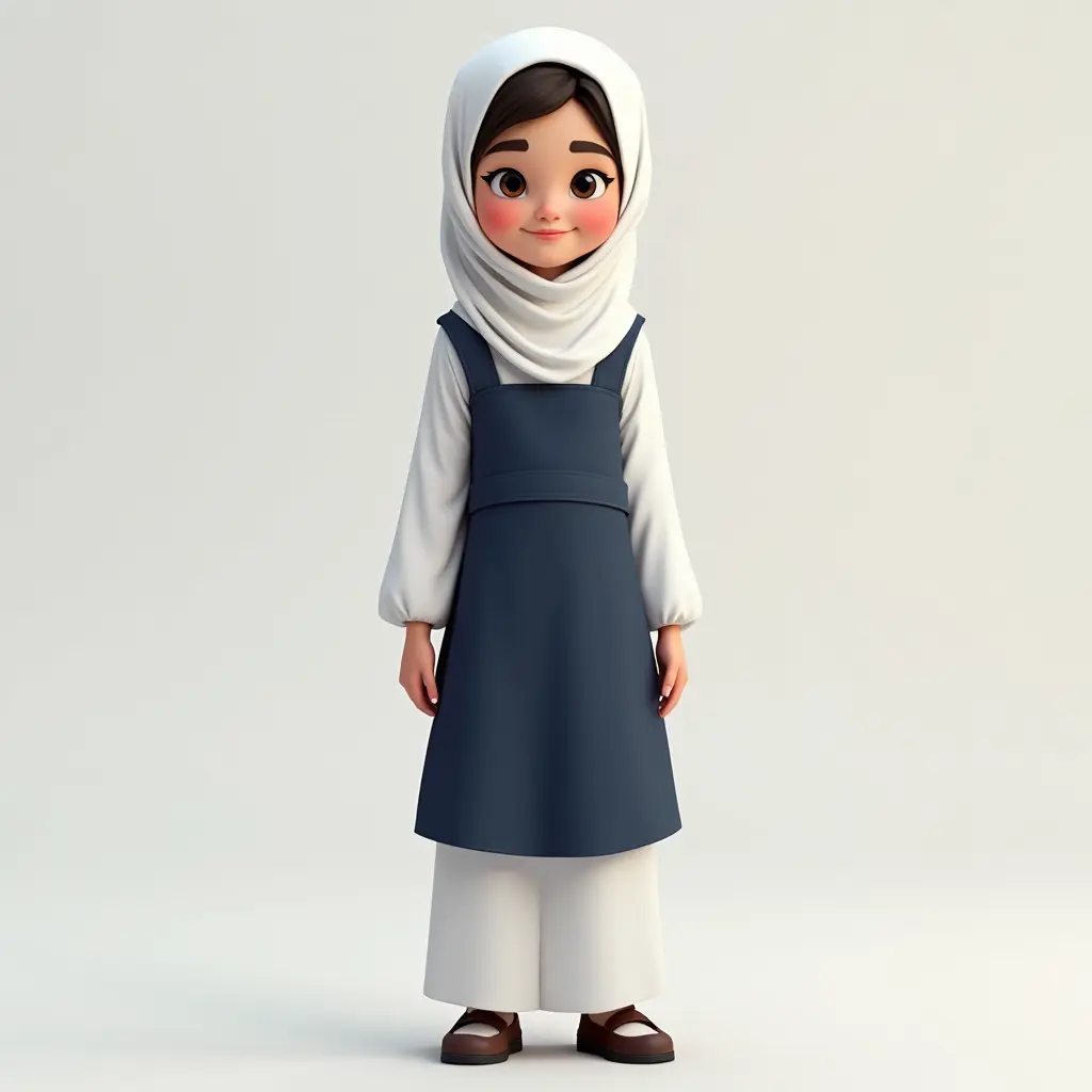فتاة عمانية صغيرة ترتدي زي المدرسة التقليدي، يشمل مريولاً أزرق داكن وقميصًا أبيض بأكمام طويلة. ترتدي حجابًا أبيض يغطي شعرها بالكامل ويظهر وجهها بابتسامة دافئة. الزي يعكس زي الطالبات في مدارس عمان. تقف بشكل واثق وودود، والخلفية بسيطة لتعكس البيئة المدرسية أو أي خلفية محايدة. الأسلوب واقعي مع لمسة تعبيرية تمثل ثقافة عمان." 3D تظهر فيها جميع ملامحها من الراس الي الرجل