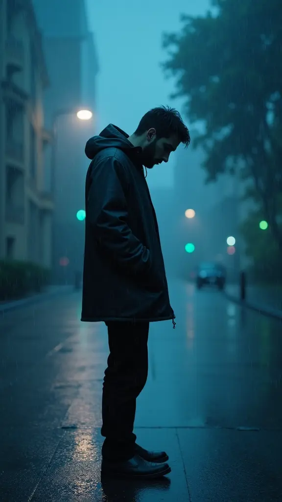 رجل واقف وحيد تحت المطر ينظر للأسفل بحزن، الإضاءة خافتة الجو كئيب الخلفية غير واضحة لتعكس الشعور بالخذلان والتجاهل مع ألوان باردة مثل الأزرق والرمادي
