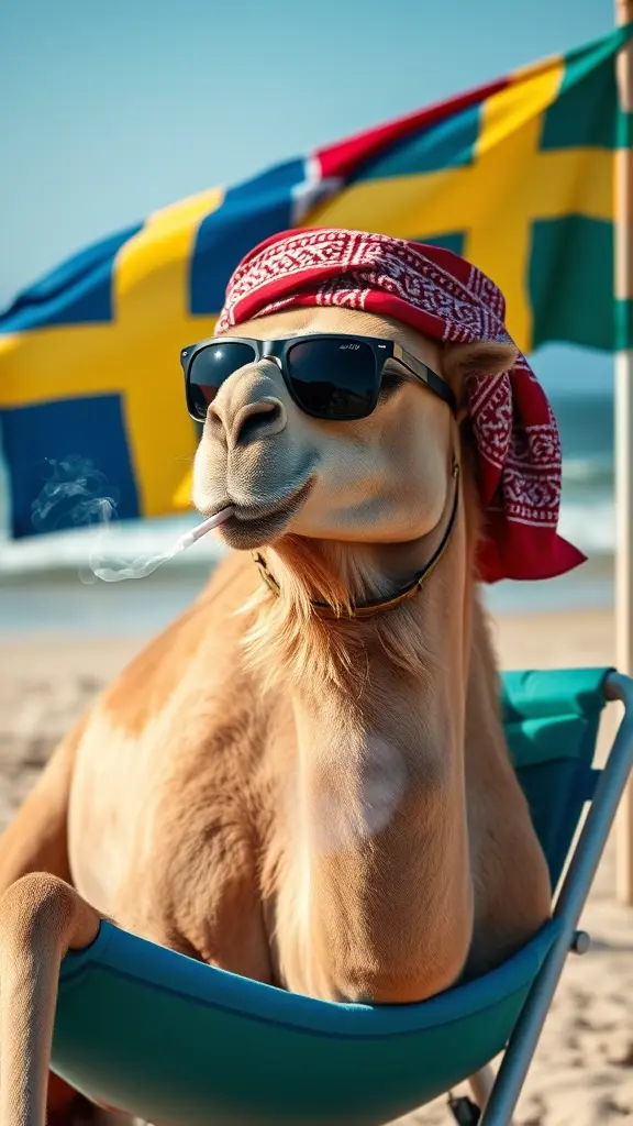 جمل يلبس نظارة شمسية يجلس على كرسي على الشاطئ يضع على راسه الشماغ الاردني وفي خلفيته العلم السويدي يدخن الشيشة