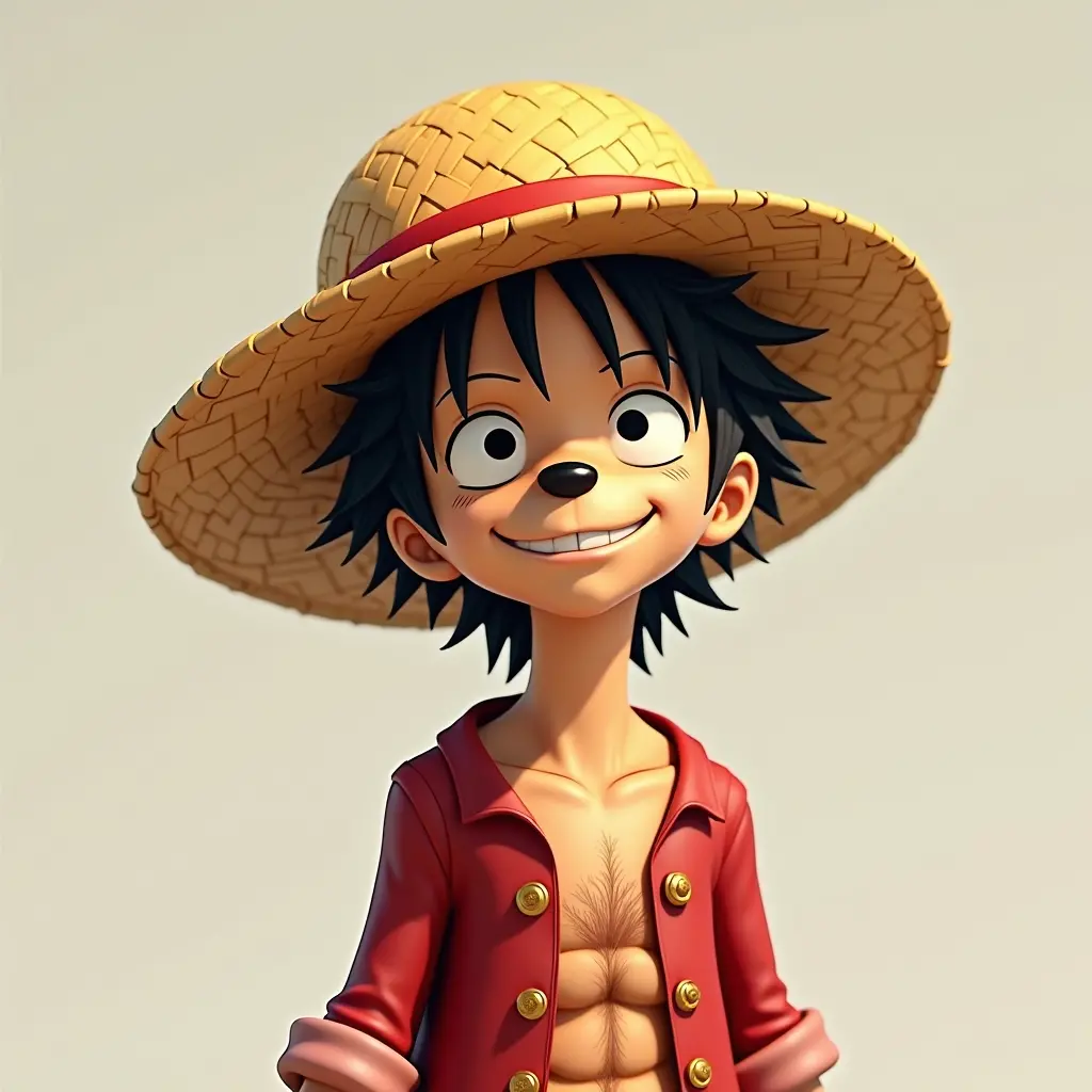 صورة كلب يرتدي قبعة القش الخاصة بلوفي من انمي ون بيس ولدى الكلب نفس شعر لوفي وأريد أن يكون الكلب غالبا مثل لوفي وأريد الصورة على شكل رسم 3d