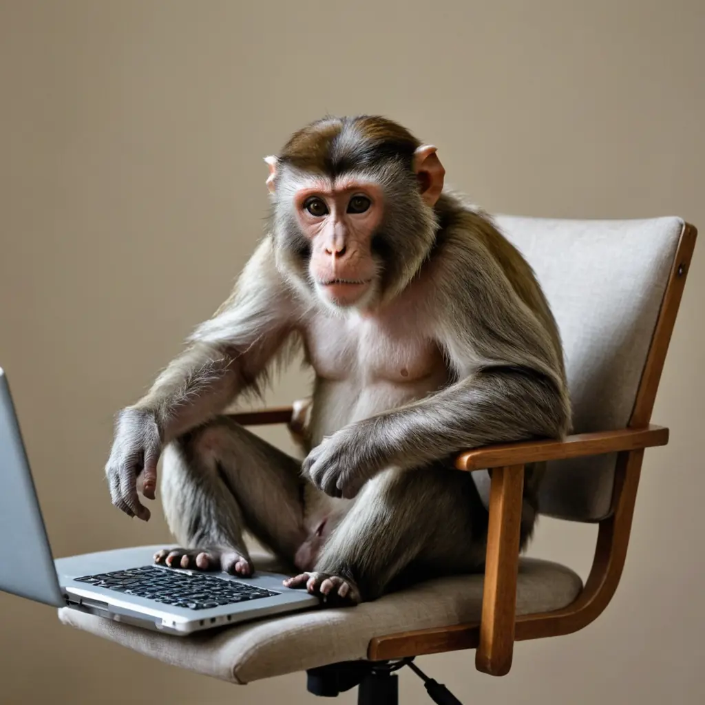 قرد يجلس على كرسي و يشاهد الكومبيوتر