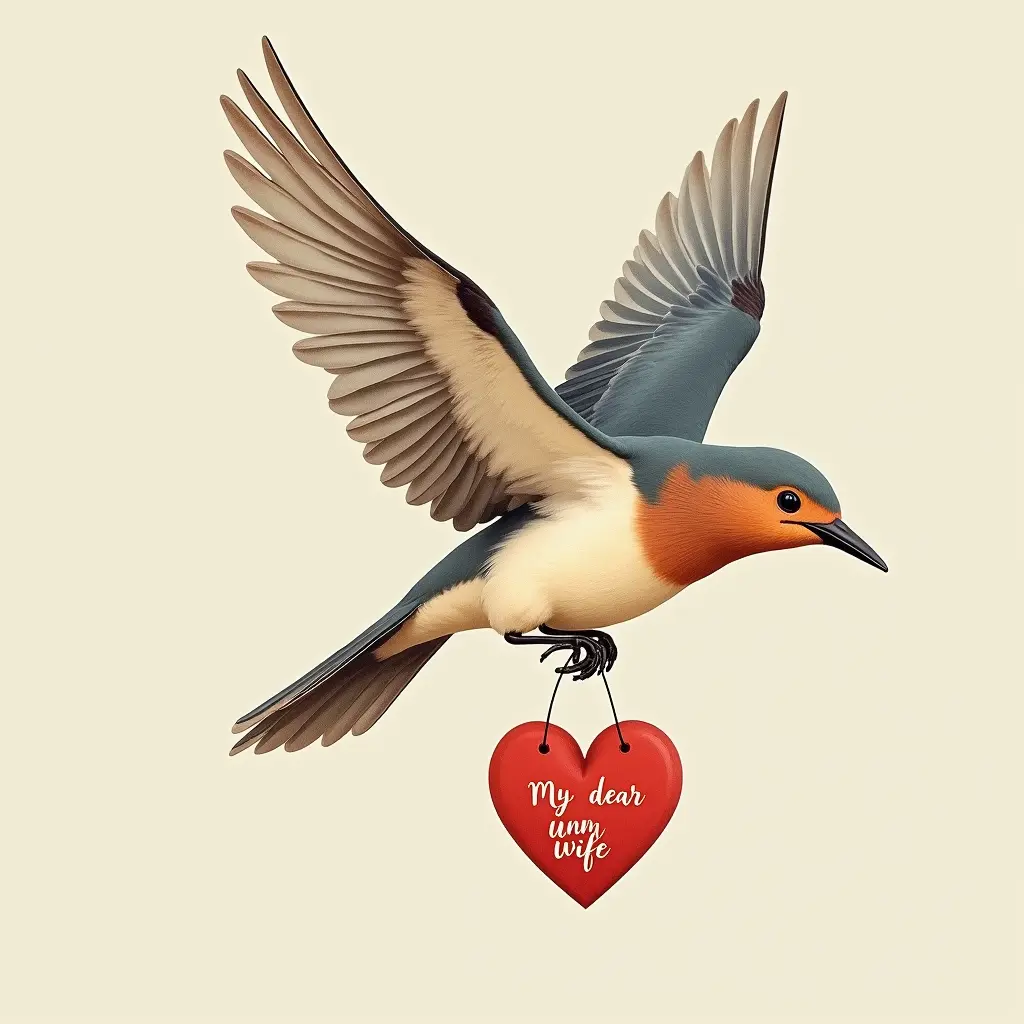 عصفور يطير معلق على جناحيه قلب مكتوب عليه زوجتي الغالية ام عمر
