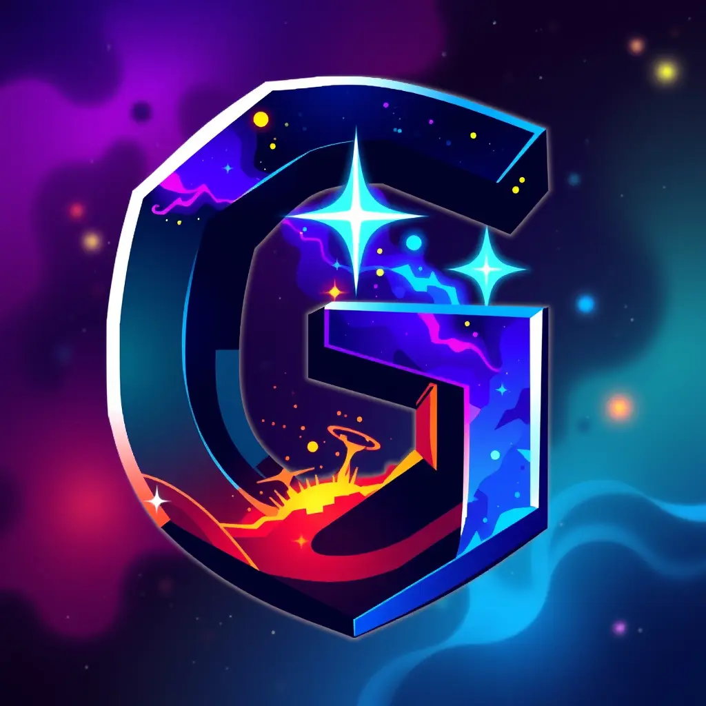 شعار جميل لشركة ألعاب، حرف G مع تأثيرات مجرة، بأسلوب فني حيوي يشبه ألعاب البكسل