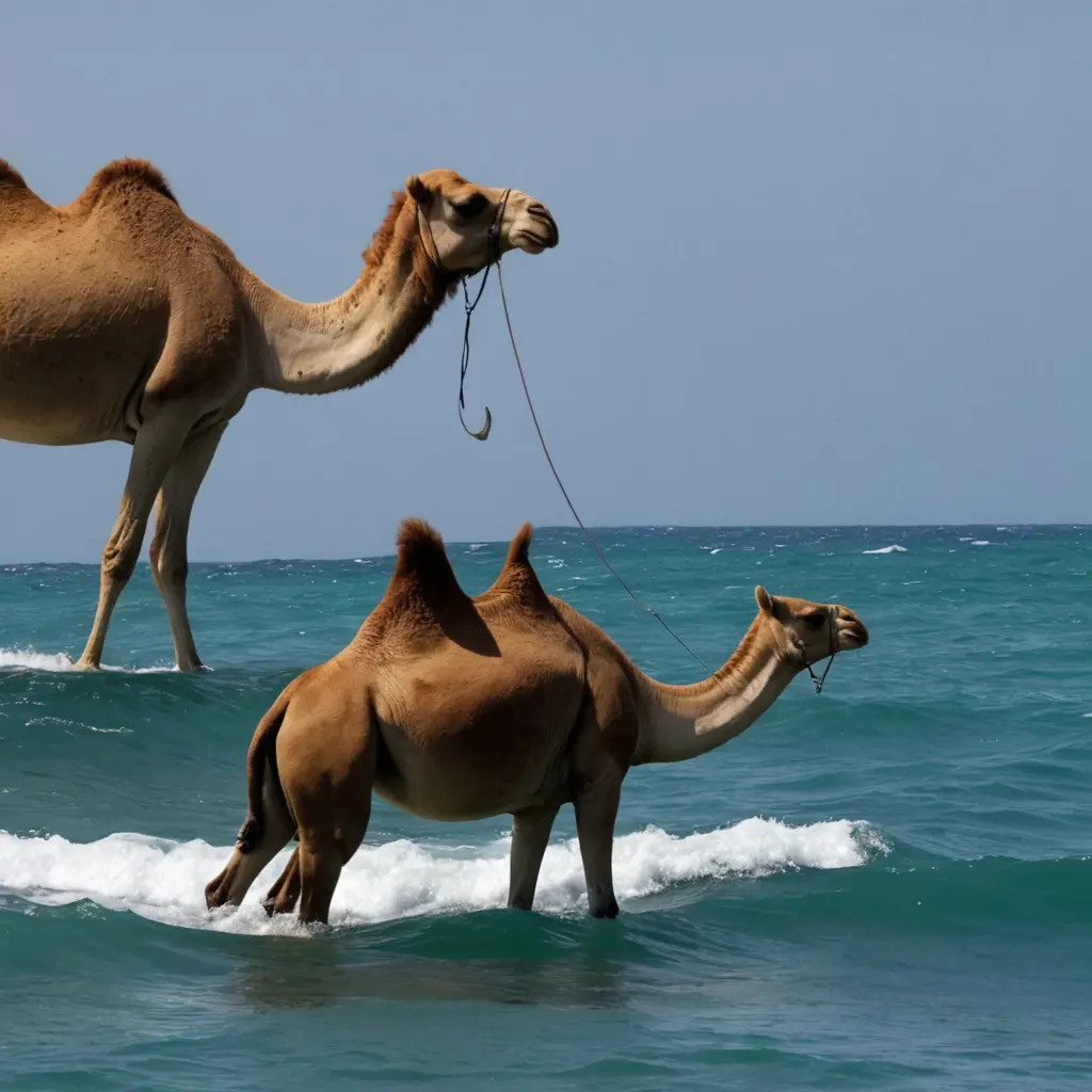 جمل يمشي علي المحيط الاطلنطي وهناك سمك قرش