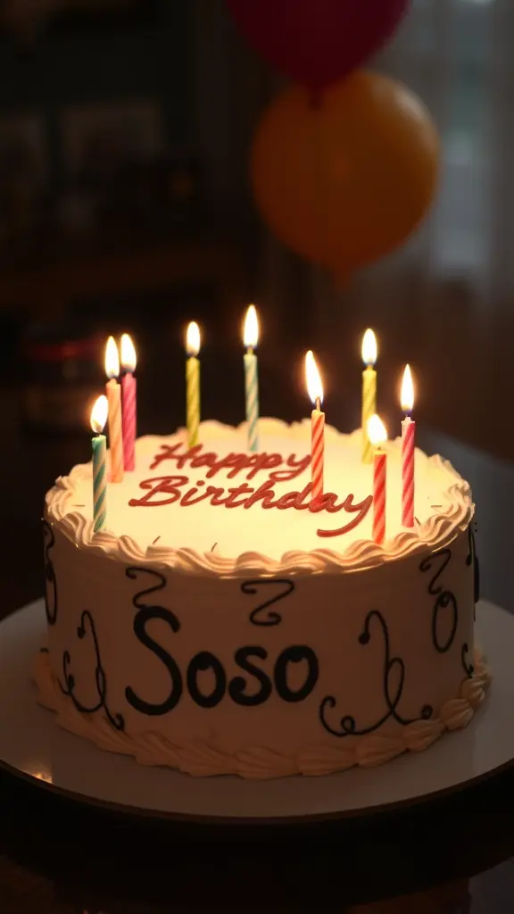 Birthday cake with Happy birthday Soso Sonia written on it and decorated with candles