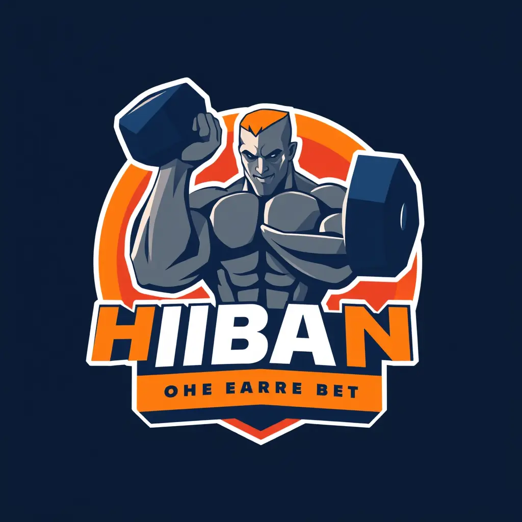 Generate a minimalistic geometric style logo in 3d for a company named 'HIBAN' in the sports fitness field. The logo should prominently feature Giant dumbbell muscles and erection strength which uses warm colors palette.