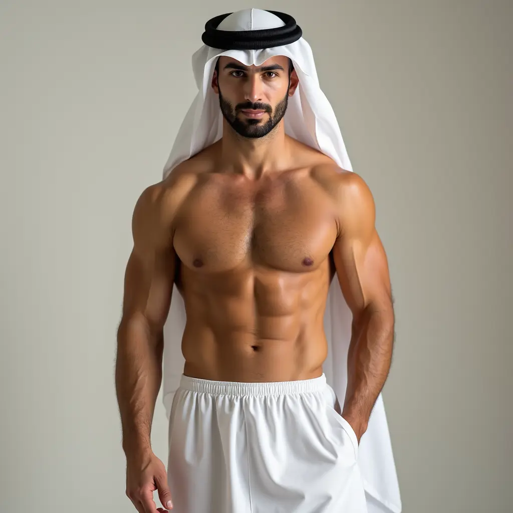 رجل عربي وسيم جدا يلبس الملابس الداخلية البيضاء الفنيلة والسروال العربيتين