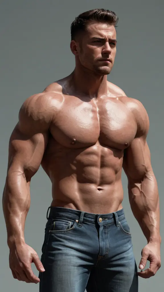 صورة لرجل معضل جسمه مليء بالعضلات واقف حزين سلوب الانيميشن