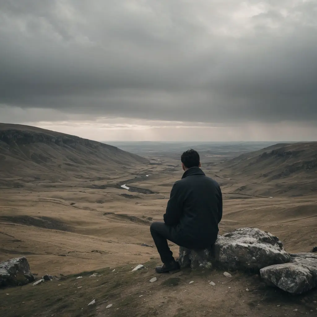 رجل  حزين  في مناظر طبيعية