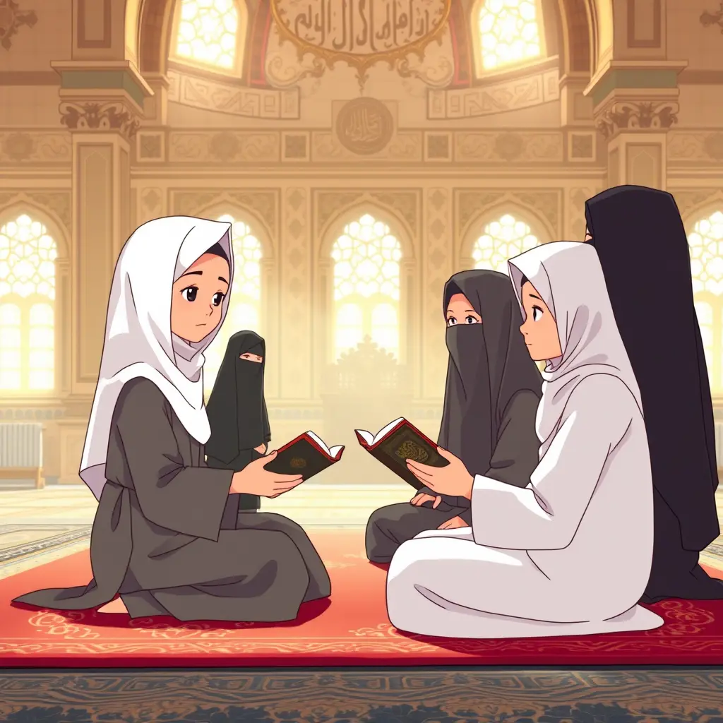 صورة كرتونية داخل مسجد هادئ يغمره ضوء ناعم. في المقدمة، فتاة ترتدي زي تمريض محتشم، مكوّن من معطف طويل بأكمام طويلة وسروال واسع، مع حجاب يغطي رأسها بشكل أنيق، تجلس على سجادة صلاة وهي تمسك بالمصحف الكريم وتقرأ منه بخشوع. بجوارها، أختها المحجبة تجلس بهدوء وتشاركها التلاوة، مرتدية ملابس إسلامية فضفاضة مع حجاب يغطي شعرها بالكامل. خلفهما، تقف الأخت الثالثة مرتدية نقابًا أسود يخفي وجهها باستثناء عينيها، تعكس هدوءًا وتأملًا. في الأمام، الأم تجلس بالقرب منهن، مرتدية خمارًا طويلًا يغطي رأسها وكتفيها، تتابعهن بحنان وهي في حالة من الطمأنينة. الخلفية تعكس تفاصيل المسجد الإسلامي، مع زخارف جميلة ونوافذ مزخرفة تنشر ضوءًا روحيًا دافئًا.