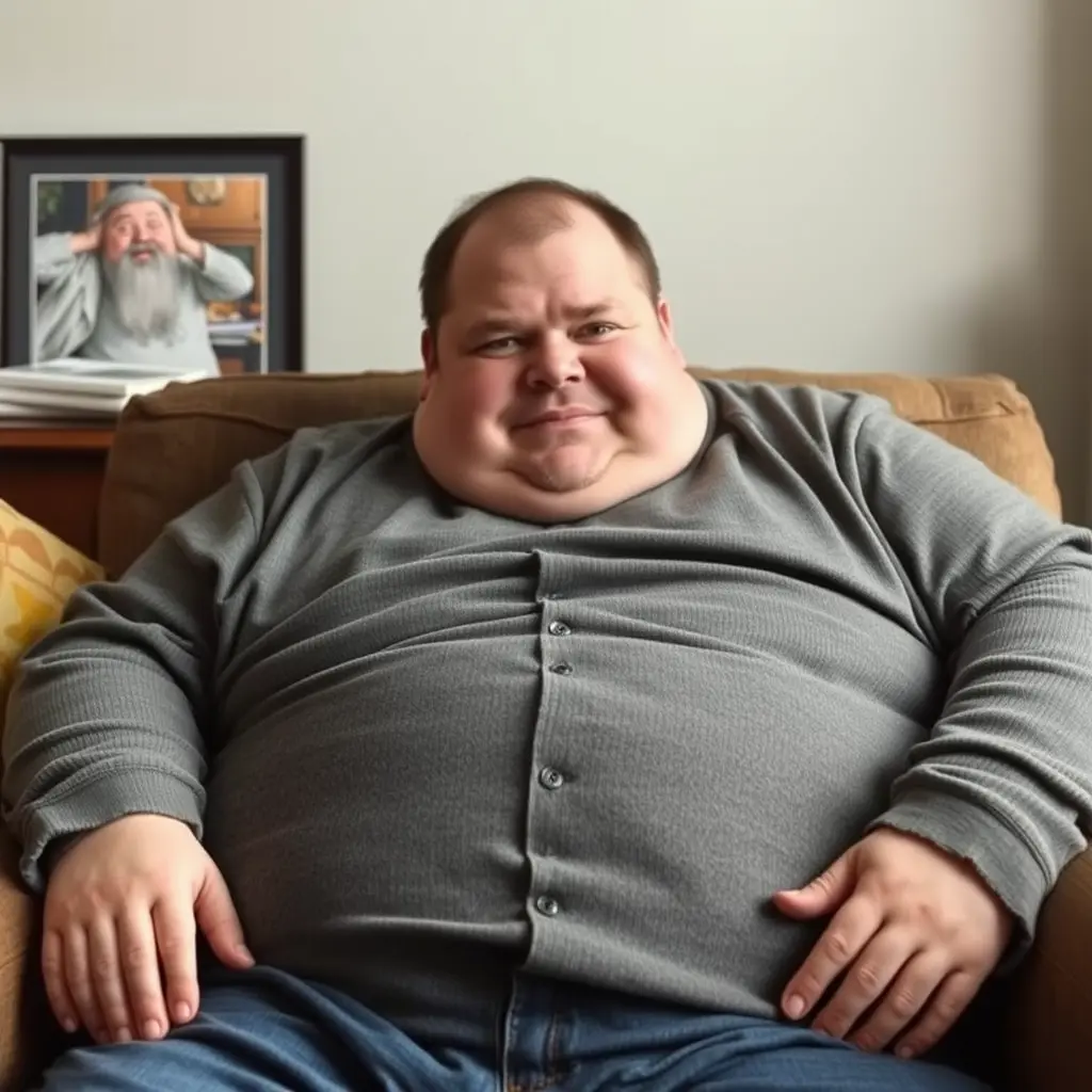 صورة رجل سمين يشبهني في حضني رجلا قزما